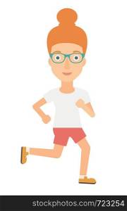 A sportive woman jogging vector flat design illustration isolated on white background. . Sportive woman jogging.