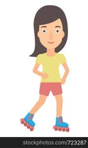 A sporty woman on the roller-skates vector flat design illustration isolated on white background. . Sporty woman on roller-skates.