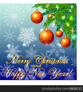 A square blue christmas background with snowflakes, coniferous branches, decorated with red balls, stars. The inscription Merry Christmas and a Happy New Year