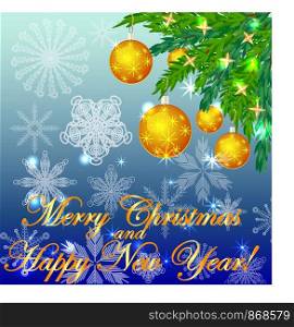 A square blue christmas background with snowflakes, coniferous branches, decorated with yellow balls, stars. The inscription Merry Christmas and a Happy New Year