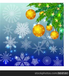 A square blue christmas background with snowflakes, coniferous branches, decorated with yellow balls, stars.