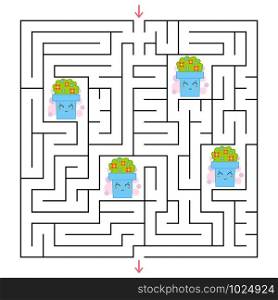 A square labyrinth. Collect all the flower pots and find a way out of the maze. An interesting game for children. Simple flat vector illustration. A square labyrinth. Collect all the flower pots and find a way out of the maze. An interesting game for children. Simple flat vector illustration.
