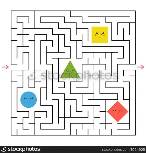 A square labyrinth. Collect all the geometric shapes and find a way out of the maze. An interesting game for children. Simple flat vector illustration. A square labyrinth. Collect all the geometric shapes and find a way out of the maze. An interesting game for children. Simple flat vector illustration.