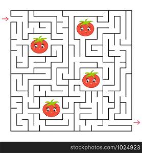A square labyrinth. Collect all the tomatoes and find a way out of the maze. An interesting game for children. Simple flat vector illustration. A square labyrinth. Collect all the tomatoes and find a way out of the maze. An interesting game for children. Simple flat vector illustration.