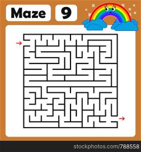 A square labyrinth. Developmental game for children. Colored Vector Flat Isolated Illustration. With a cute rainbow cartoon.