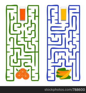 A square labyrinth. Find the way from juice to fruit. Simple flat isolated vector illustration. A square labyrinth. Find the way from juice to fruit. Simple flat isolated vector illustration.