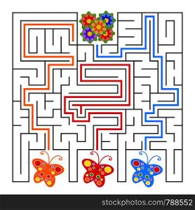 A square labyrinth. What butterfly will fly to the flower. Simple flat isolated vector illustration. With the answer. A square labyrinth. What butterfly will fly to the flower. Simple flat isolated vector illustration. With the answer.