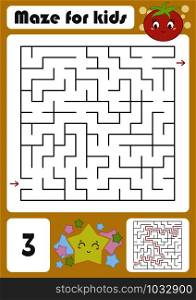 A square labyrinth with a cartoon character. Pretty tomato and star. An interesting and developing game for children. Simple flat isolated vector illustration. A square labyrinth with a cartoon character. Pretty tomato and star. An interesting and developing game for children. Simple flat isolated vector illustration.