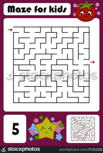 A square labyrinth with a cartoon character. Pretty tomato and star. An interesting and developing game for children. Simple flat isolated vector illustration. A square labyrinth with a cartoon character. Pretty tomato and star. An interesting and developing game for children. Simple flat isolated vector illustration.