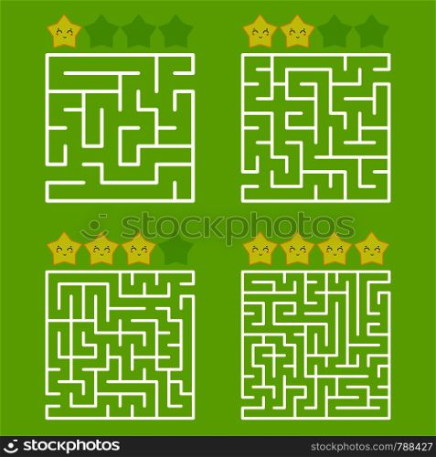 A square labyrinth with an entrance and an exit. A set of four options from simple to complex. With a rating of cute cartoon stars. Vector illustration isolated on a green background.