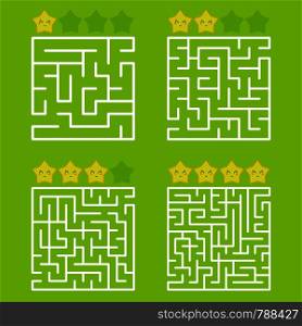 A square labyrinth with an entrance and an exit. A set of four options from simple to complex. With a rating of cute cartoon stars. Vector illustration isolated on a green background.