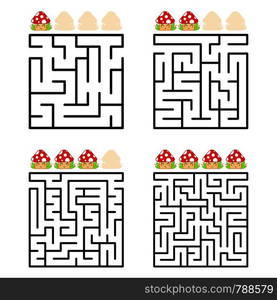 A square labyrinth with an entrance and an exit. A set of four options from simple to complex. With a rating of cute cartoon mushrooms. Vector illustration isolated on white background.