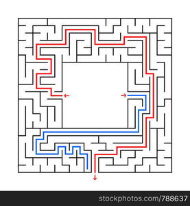 A square maze. Find the right path from the center of the labyrinth. Simple flat vector illustration. With a place for your image.. A square maze. Find the right path from the center of the labyrinth. Simple flat vector illustration. With a place for your image. With the answer.