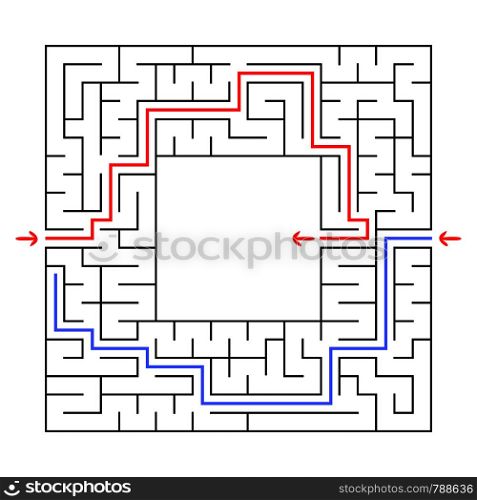 A square maze. Find the right path to the center of the labyrinth. Simple flat vector illustration isolated on white background. With a place for your drawings. A square maze. Find the right path to the center of the labyrinth. Simple flat vector illustration isolated on white background. With a place for your drawings. With the answer.