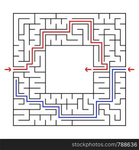 A square maze. Find the right path to the center of the labyrinth. Simple flat vector illustration isolated on white background. With a place for your drawings. A square maze. Find the right path to the center of the labyrinth. Simple flat vector illustration isolated on white background. With a place for your drawings. With the answer.