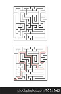 A square maze for children. Simple flat vector illustration isolated on white background. With the answer. A square maze for children. Simple flat vector illustration isolated on white background. With the answer.