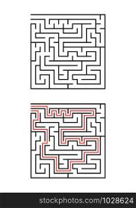 A square maze for children. Simple flat vector illustration isolated on white background. With the answer. A square maze for children. Simple flat vector illustration isolated on white background. With the answer.