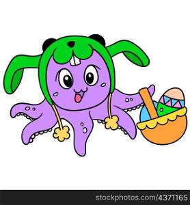 a squid in a bunny costume carries a basket of eggs celebrating easter