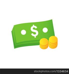A stack of dollar bills and coins on a transparent background. Vector illustration. EPS 10