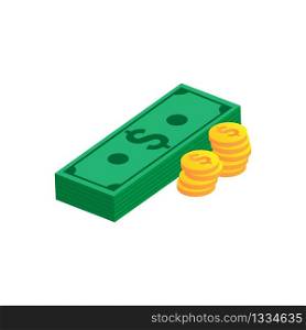 A stack of dollar bills and coins on a transparent background. Vector illustration. EPS 10