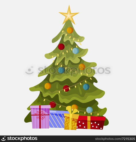 A star, decorative balls and garlands decorate the Christmas tree. There are boxes with gifts under the festive tree. Vector illustration in a flat style, isolated on a white background.