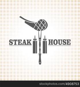 A Steakhouse. Vector monochrome logo. Steak with bone on the plug.