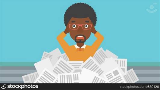 A stressed african-american man clutching his head because of having a lot of work to do with a heap of newspapers in front of him vector flat design illustration. Horizontal layout.. Man in stack of newspapers.