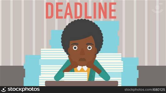 A stressed african-american woman sitting at the table with stacks of papers and having problem with deadline vector flat design illustration. Horizontal layout. . Woman having problem with deadline.