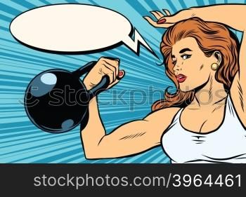 A strong woman athlete with weights pop art retro vector. Physical education and athletics. Swing muscles. The girl athlete retro vector. The girl athlete. The power of women. strong woman athlete with weights
