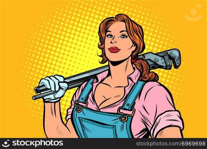 A strong woman mechanic plumber worker with adjustable wrench. Pop art retro vector illustration vintage kitsch. A strong woman mechanic plumber worker with adjustable wrench