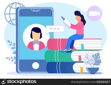 A student is studying at home with her laptop with a pile of books and a PC in the background. E-learning, webinars, online video training, distance education concepts. Modern vector illustration.