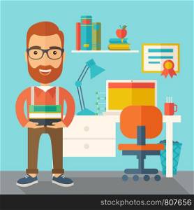 A student or lecturer standing carrying a stack of books inside his office. A Contemporary style with pastel palette, soft green tinted background. Vector flat design illustration. Square layout.. Student or lecturer carrying a stack of books.