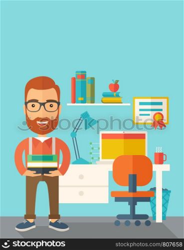 A student or lecturer standing carrying a stack of books inside his office. A Contemporary style with pastel palette, soft green tinted background. Vector flat design illustration. Vertical layout with text space on top part.. Student or lecturer carrying a stack of books.