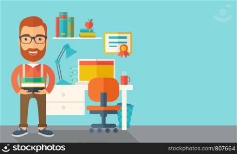 A student or lecturer standing carrying a stack of books inside his office. A Contemporary style with pastel palette, soft green tinted background. Vector flat design illustration. Horizontal layout with text space in right side.. Student or lecturer carrying a stack of books.