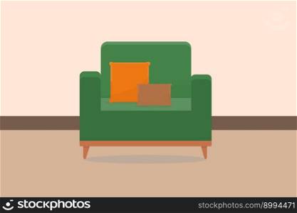 a stylish green armchair with pillows in the room vector illustration. stylish green armchair with pillows in the room vector illustration