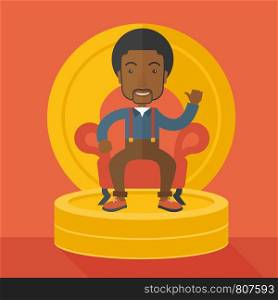 A successful african businessman smiling while sitting like a king on a heap of money. Achievement concept. A Contemporary style with pastel palette, orange tinted background. Vector flat design illustration. Square layout.. Successful african businessman.