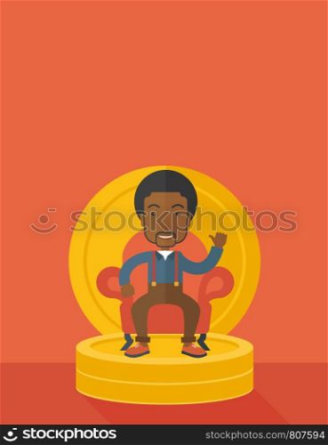A successful african businessman smiling while sitting like a king on a heap of money. Achievement concept. A Contemporary style with pastel palette, orange tinted background. Vector flat design illustration. Vertical layout with text space on top part.. Successful african businessman.