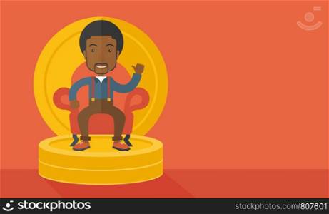 A successful african businessman smiling while sitting like a king on a heap of money. Achievement concept. A Contemporary style with pastel palette, orange tinted background. Vector flat design illustration. Horizontal layout with text space in right side.. Successful african businessman.