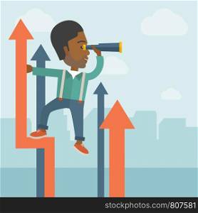 A successful african businessman stand on top of graph arrow using his telescope looking how high he is. Business success, self development concept. A Contemporary style with pastel palette, soft blue tinted background with desaturated clouds. Vector flat design illustration. Square layout. . Successful african businessman.