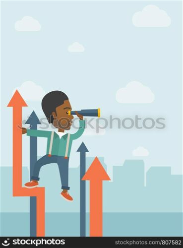 A successful african businessman stand on top of graph arrow using his telescope looking how high he is. Business success, self development concept. A Contemporary style with pastel palette, soft blue tinted background with desaturated clouds. Vector flat design illustration. Vertical layout. . Successful african businessman.