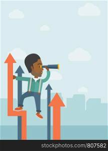 A successful african businessman stand on top of graph arrow using his telescope looking how high he is. Business success, self development concept. A Contemporary style with pastel palette, soft blue tinted background with desaturated clouds. Vector flat design illustration. Vertical layout. . Successful african businessman.