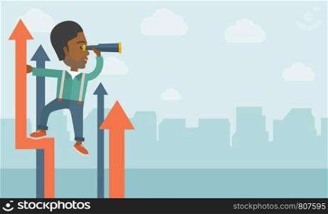 A successful african businessman stand on top of graph arrow using his telescope looking how high he is. Business success, self development concept. A Contemporary style with pastel palette, soft blue tinted background with desaturated clouds. Vector flat design illustration. Horizontal layout.. Successful african businessman.