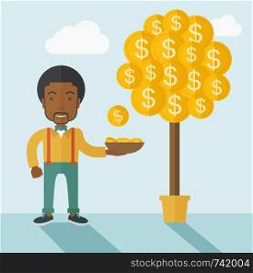 A successful african businessman standing while catching a dollar coin from money tree. Business growth concept. A contemporary style with pastel palette soft blue tinted background with desaturated clouds. Vector flat design illustration. Square layout.. Successful African businessman standing while catching a dollar coin from money tree.