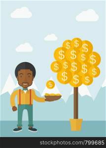 A successful african businessman standing while catching a dollar coin from money tree. Business growth concept. A contemporary style with pastel palette soft blue tinted background with desaturated clouds. Vector flat design illustration. Vertical layout.. Successful African businessman standing while catching a dollar coin from money tree.