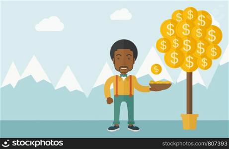 A successful african businessman standing while catching a dollar coin from money tree. Business growth concept. A contemporary style with pastel palette soft blue tinted background with desaturated clouds. Vector flat design illustration. Horizontal layout.. Successful African businessman standing while catching a dollar coin from money tree.
