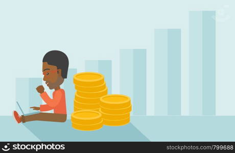 A successful black businessman sitting with pile of gold at his back nand a laptop on his lap. Winner concept. A contemporary style with pastel palette soft blue tinted background. Vector flat design illustration. Horizontal layout.. Successful black businessman sitting with a pile of gold.