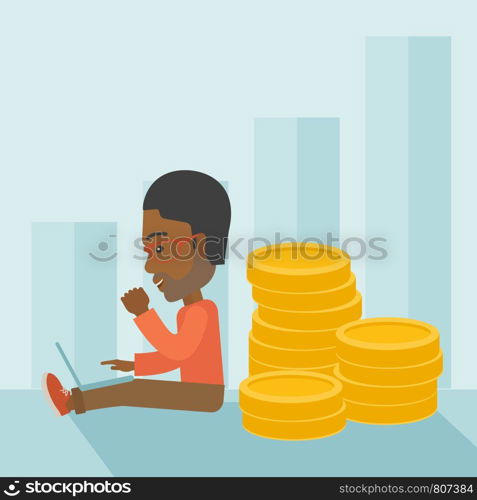 A successful black businessman sitting with pile of gold at his back nand a laptop on his lap. Winner concept. A contemporary style with pastel palette soft blue tinted background. Vector flat design illustration. Square layout.. Successful black businessman sitting with a pile of gold.