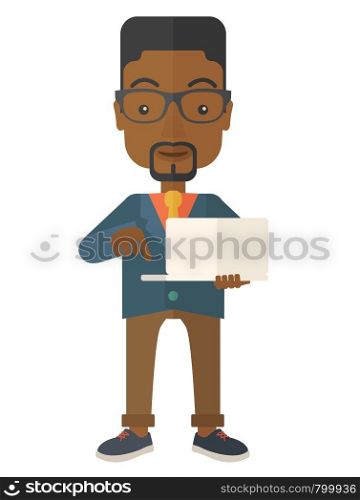 A successful black man holding a laptop. A Contemporary style. Vector flat design illustration isolated white background. Vertical layout. Man holding a laptop