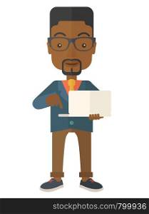 A successful black man holding a laptop. A Contemporary style. Vector flat design illustration isolated white background. Vertical layout. Man holding a laptop