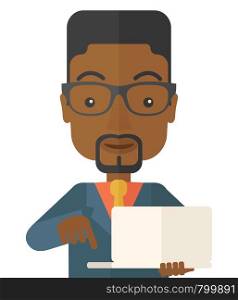 A successful black man holding a laptop. A man with laptop. A Contemporary style. Vector flat design illustration isolated white background. Square layout.. Man holding a laptop